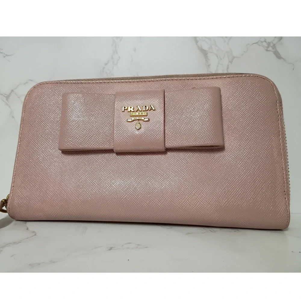 PRADA Light Pink Saffiano Leather Bow Zip-Around Wallet